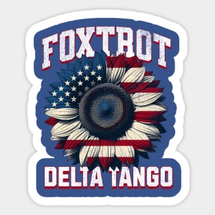 Foxtrot Delta Tango – Funny Patriotic Sunflower USA Flag Retro Sticker